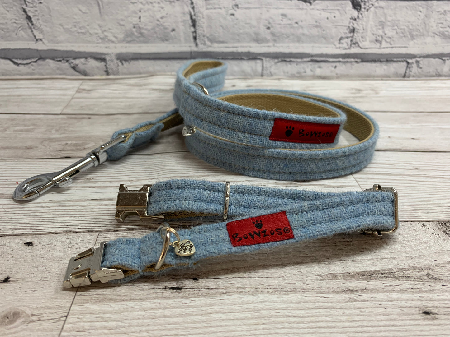 (Frederick) Harris Tweed Dog Collar & Lead Set - Baby Blue - BOWZOS