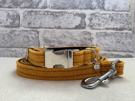(Cairn) Harris Tweed Dog Collar & Lead Set - Citrus Yellow - BOWZOS
