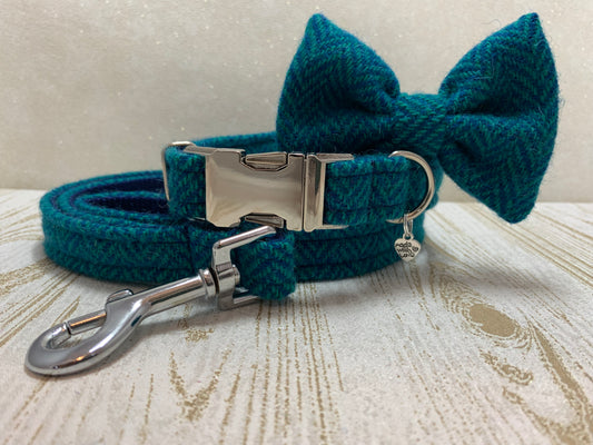 (Luskentyre) Harris Tweed Bow Tie Dog Collar & Lead Set - Aquamarine Herringbone - BOWZOS