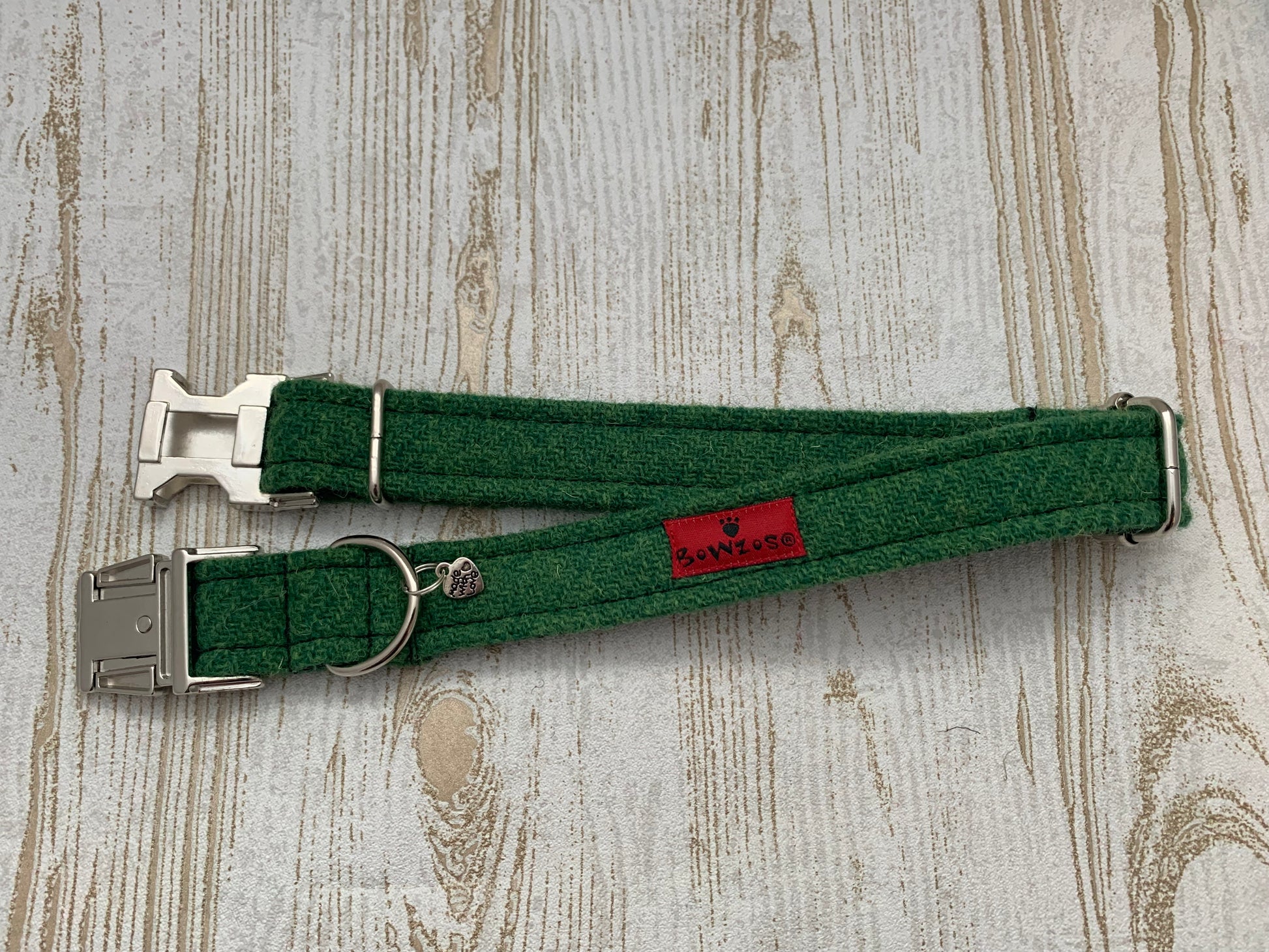 (Evergreen) Harris Tweed Bow Tie Dog Collar - Green - BOWZOS