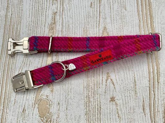 (Iona) Harris Tweed Dog Collar  - Cerise Pink Check - BOWZOS
