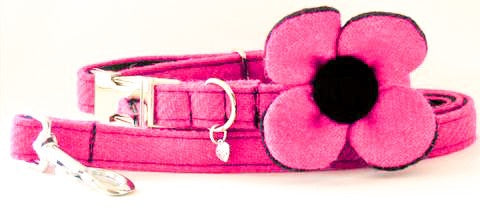 (Roxburghe) Harris Tweed Flower Dog Collar & Lead Set - Bubblegum Pink - BOWZOS