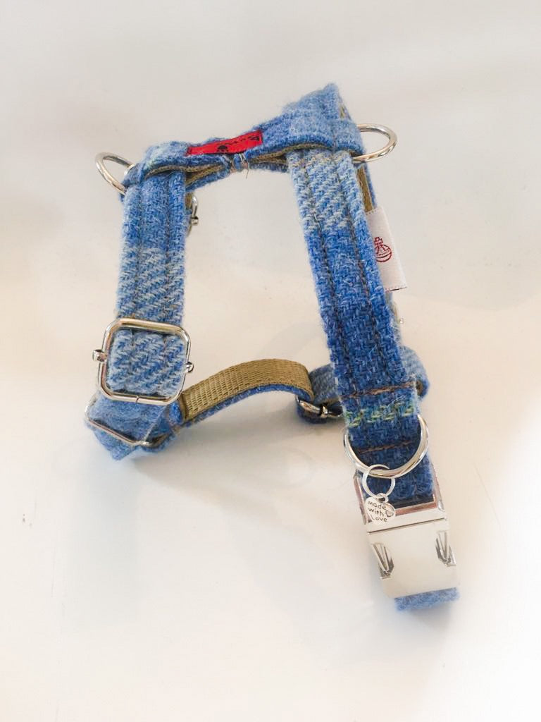(Edinburgh) Harris Tweed Harness - Baby Blue Check - BOWZOS