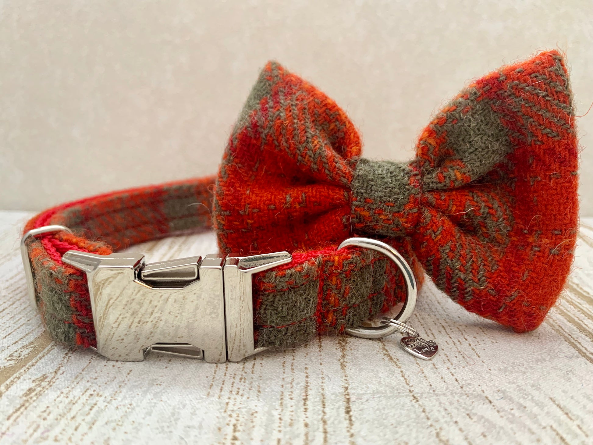 (Arran) Harris Tweed Bow Tie Dog Collar - Orange Check - BOWZOS
