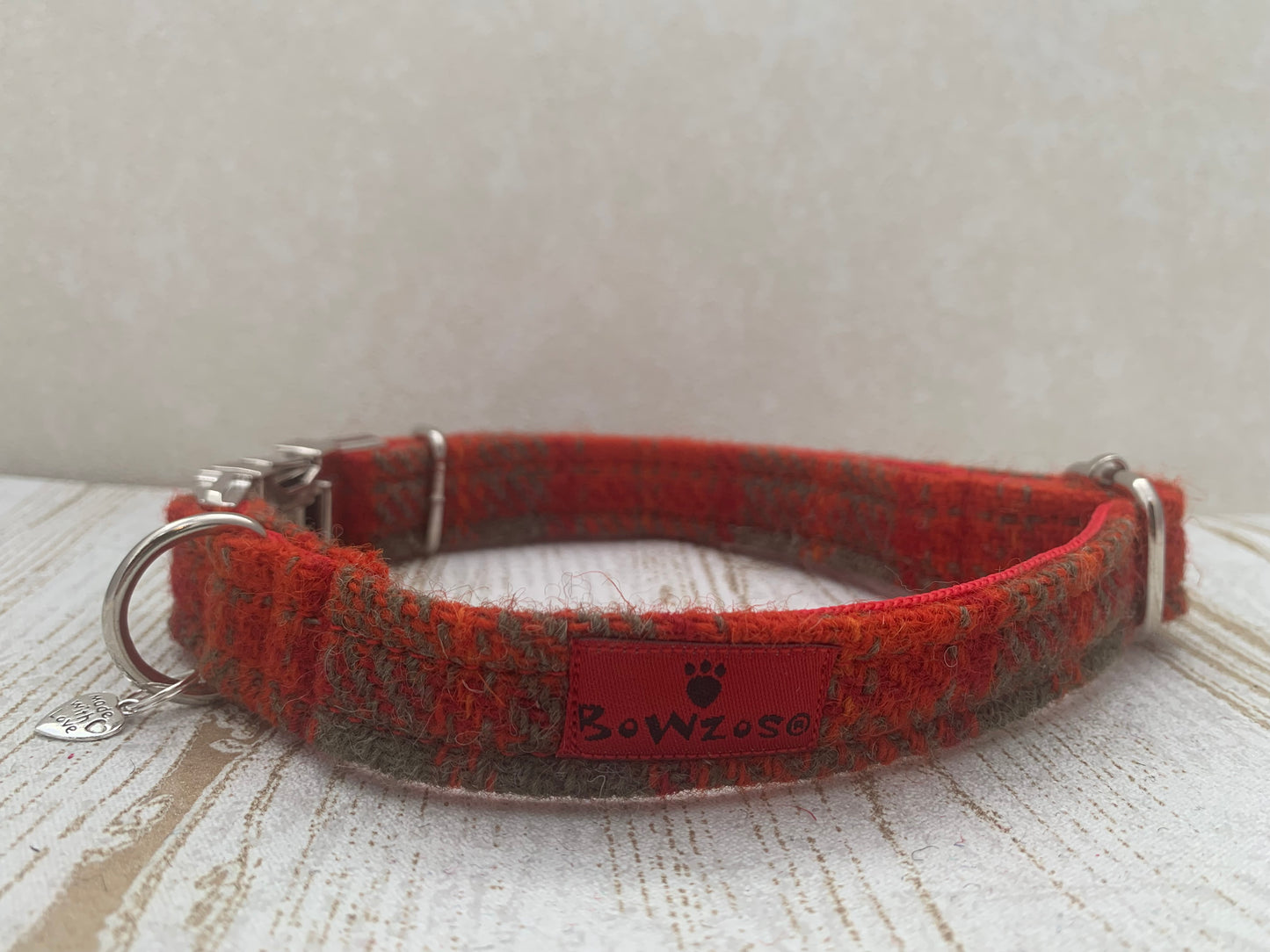 (Arran) Harris Tweed Dog Collar - Orange Check - BOWZOS
