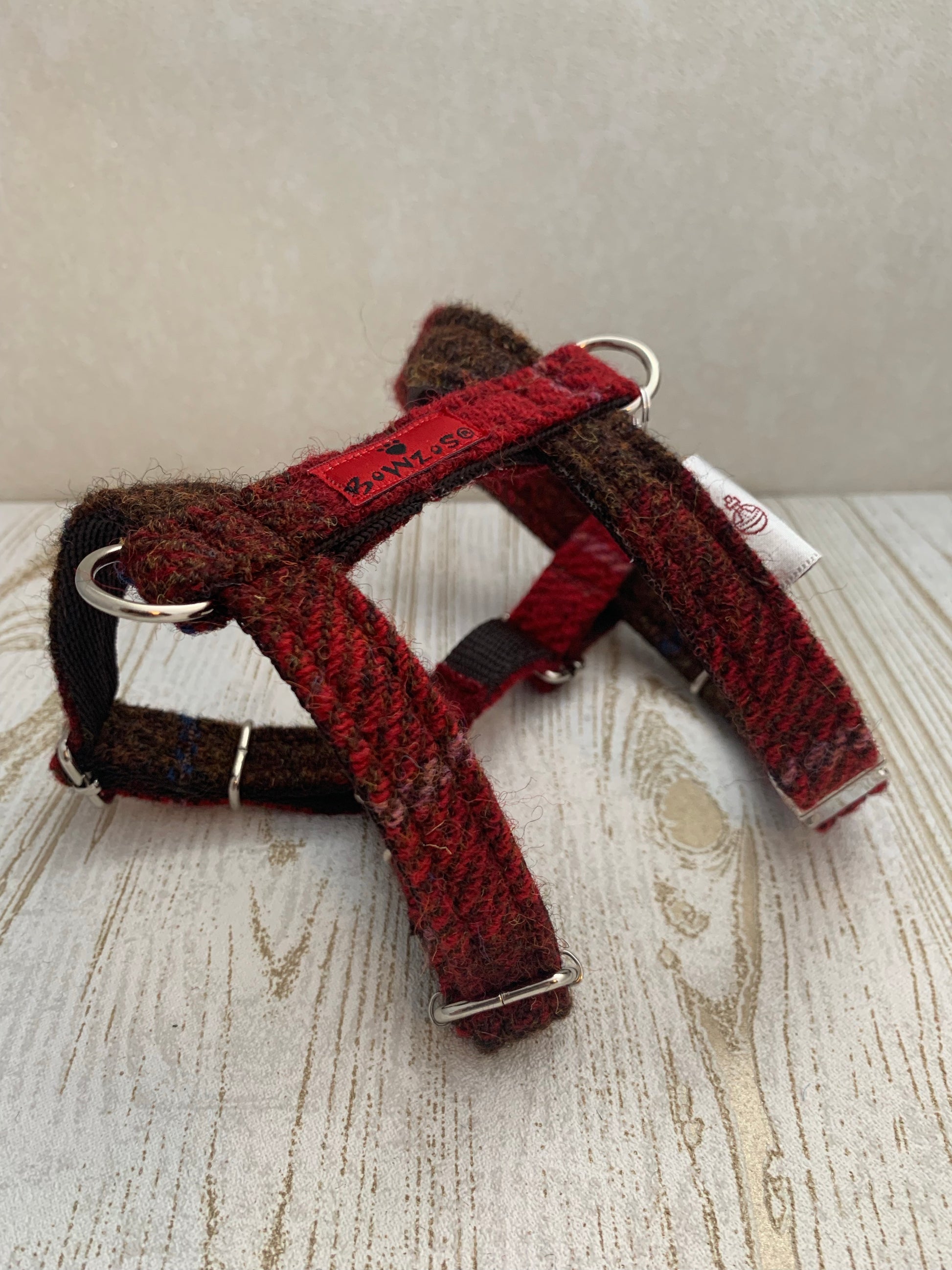 (Blair) Harris Tweed Harness - Dark Red Check - BOWZOS