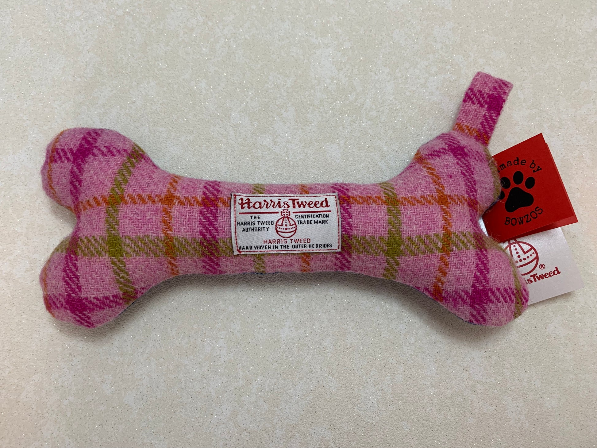 (Isla) Bowzos Harris Tweed Squeaky Bone Toy - Baby Pink - BOWZOS