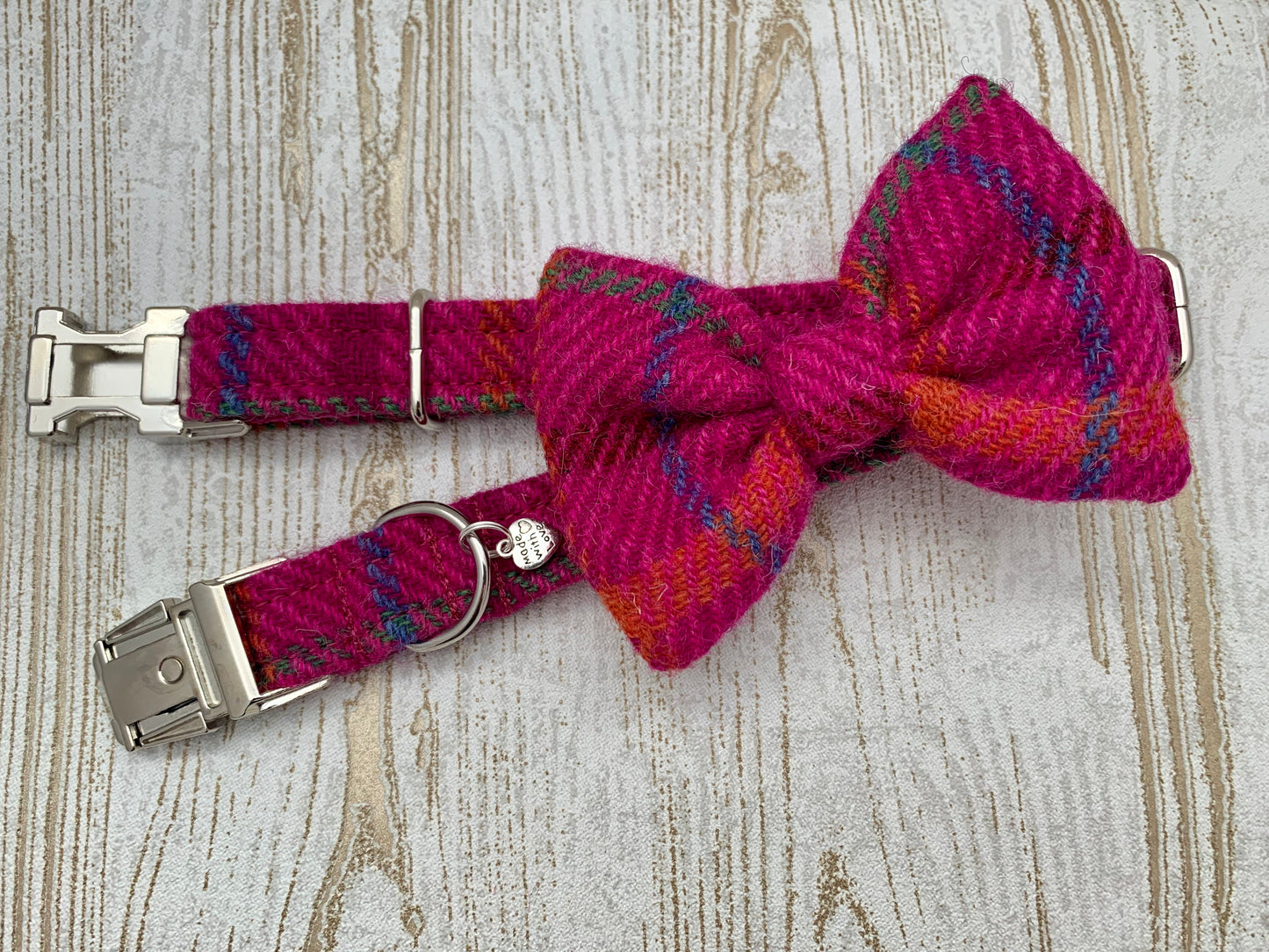 (Iona) Harris Tweed Bow Tie Dog Collar & Lead Set - Cerise Pink Check - BOWZOS