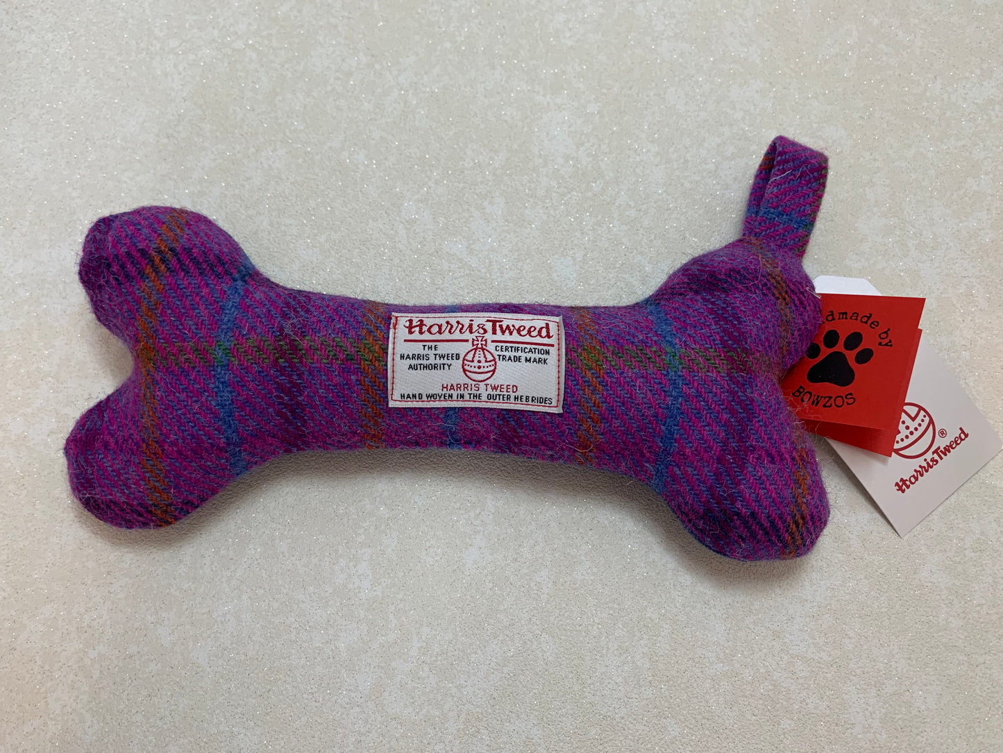 (Jura) Bowzos Harris Tweed Squeaky Bone Toy - Purple - BOWZOS