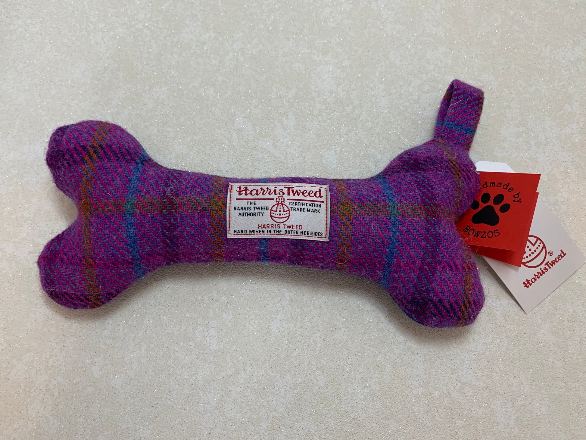 (Jura) Bowzos Harris Tweed Squeaky Bone Toy - Purple - BOWZOS
