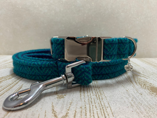 (Luskentyre) Harris Tweed Dog Collar & Lead Set - Aquamarine Herringbone - BOWZOS