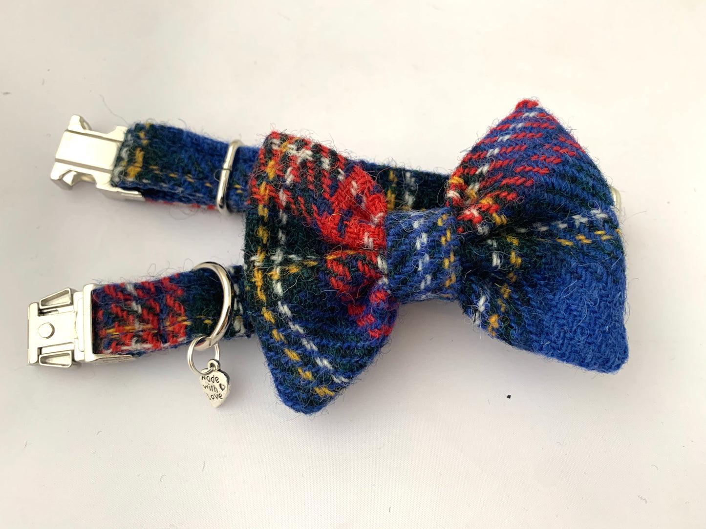 Harris Tweed Bow Tie Dog Collar - Blue Stewart Tartan - BOWZOS