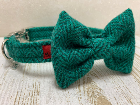 (Horgabost) Harris Tweed Bow Tie Dog Collar - Green Herringbone - BOWZOS