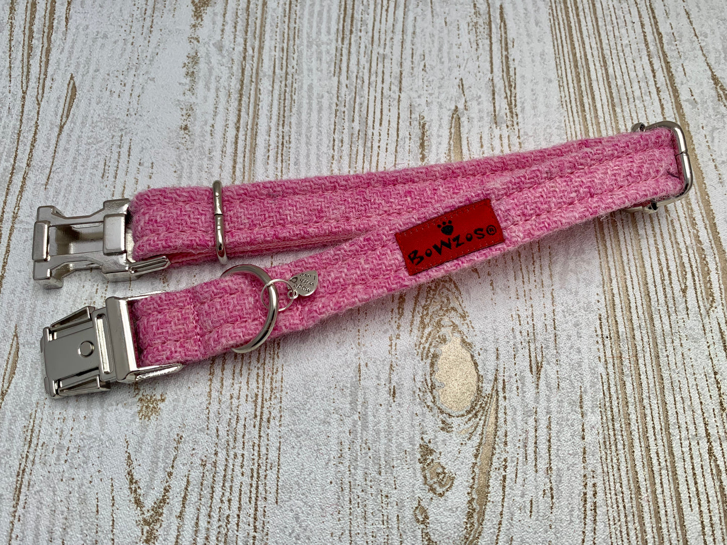 (Rose) Harris Tweed Dog Collar - Baby Pink - BOWZOS