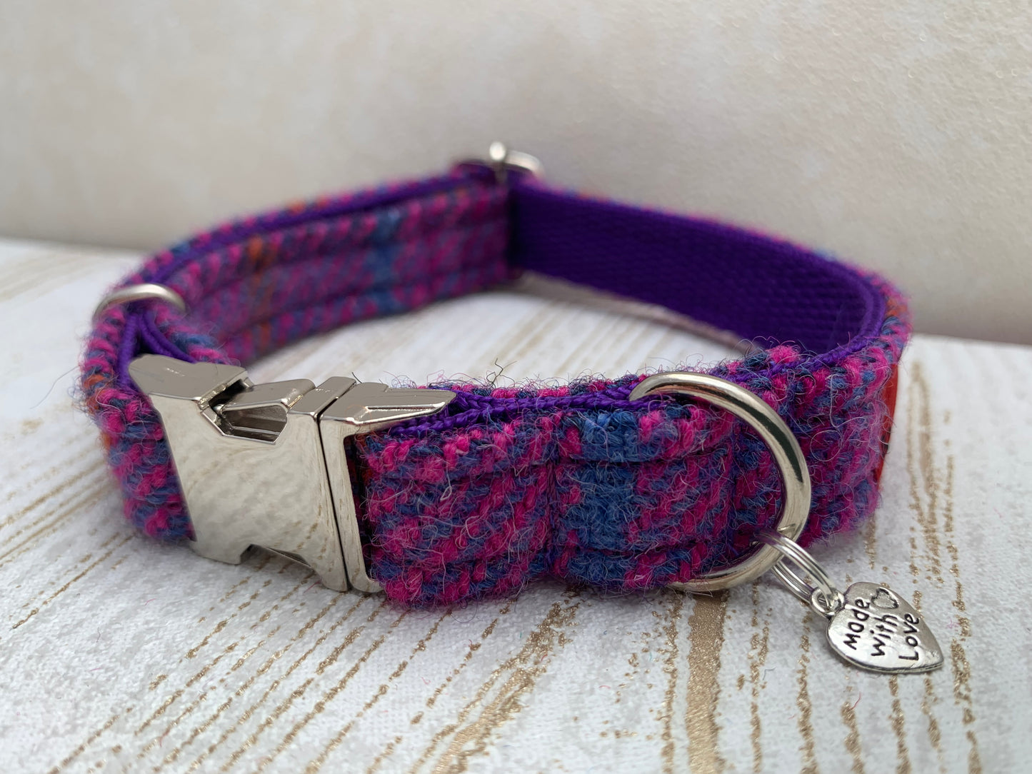(Jura) Harris Tweed Bow Tie Dog Collar - Purple Check - BOWZOS