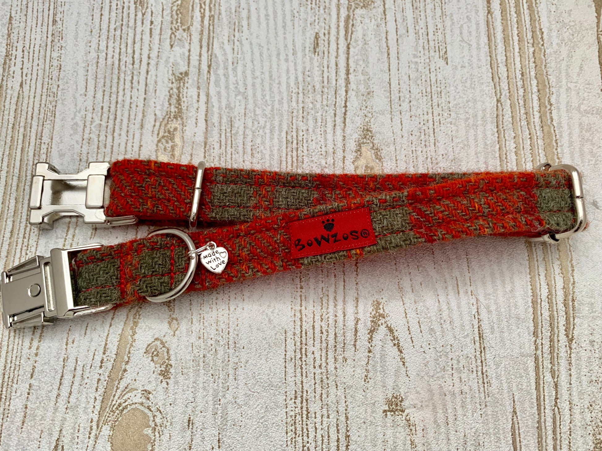 (Arran) Harris Tweed Dog Collar - Orange Check - BOWZOS