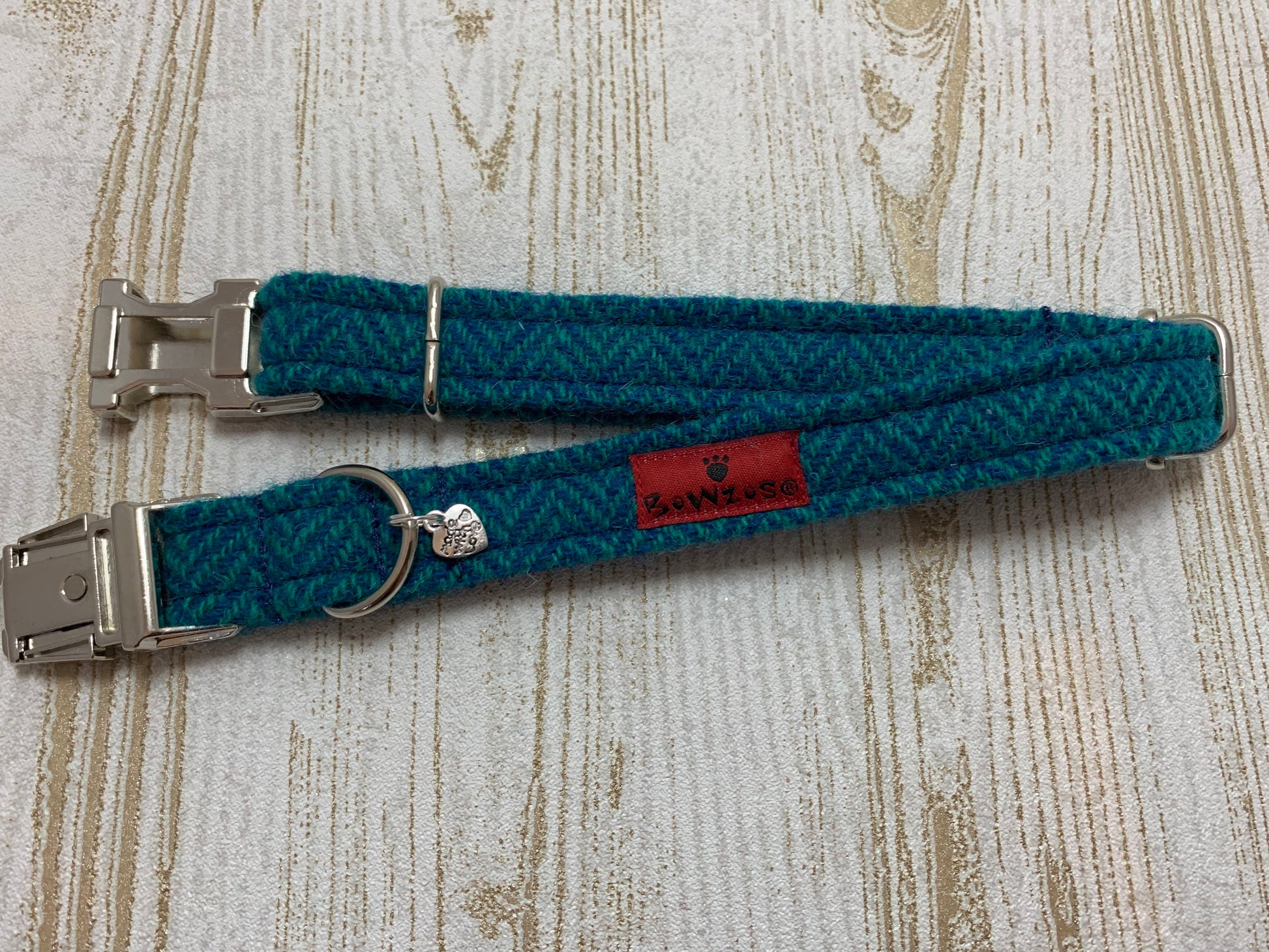 (Luskentyre) Harris Tweed Dog Collar- Aquamarine Herringbone - BOWZOS
