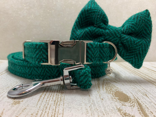 (Horgabost) Harris Tweed Bow Tie Dog Collar & Lead Set - Green Herringbone - BOWZOS