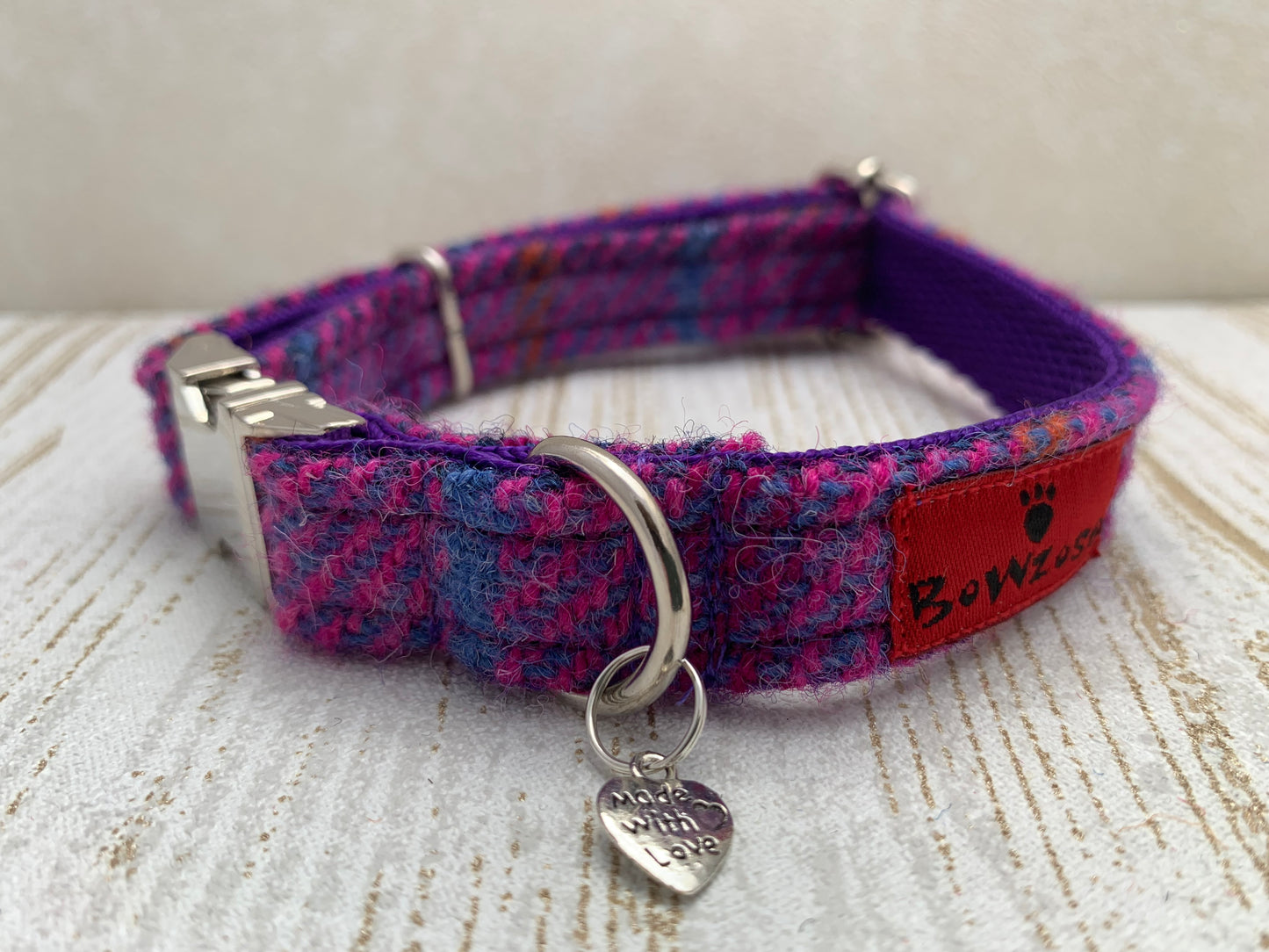 (Jura) Harris Tweed Bow Tie Dog Collar - Purple Check - BOWZOS