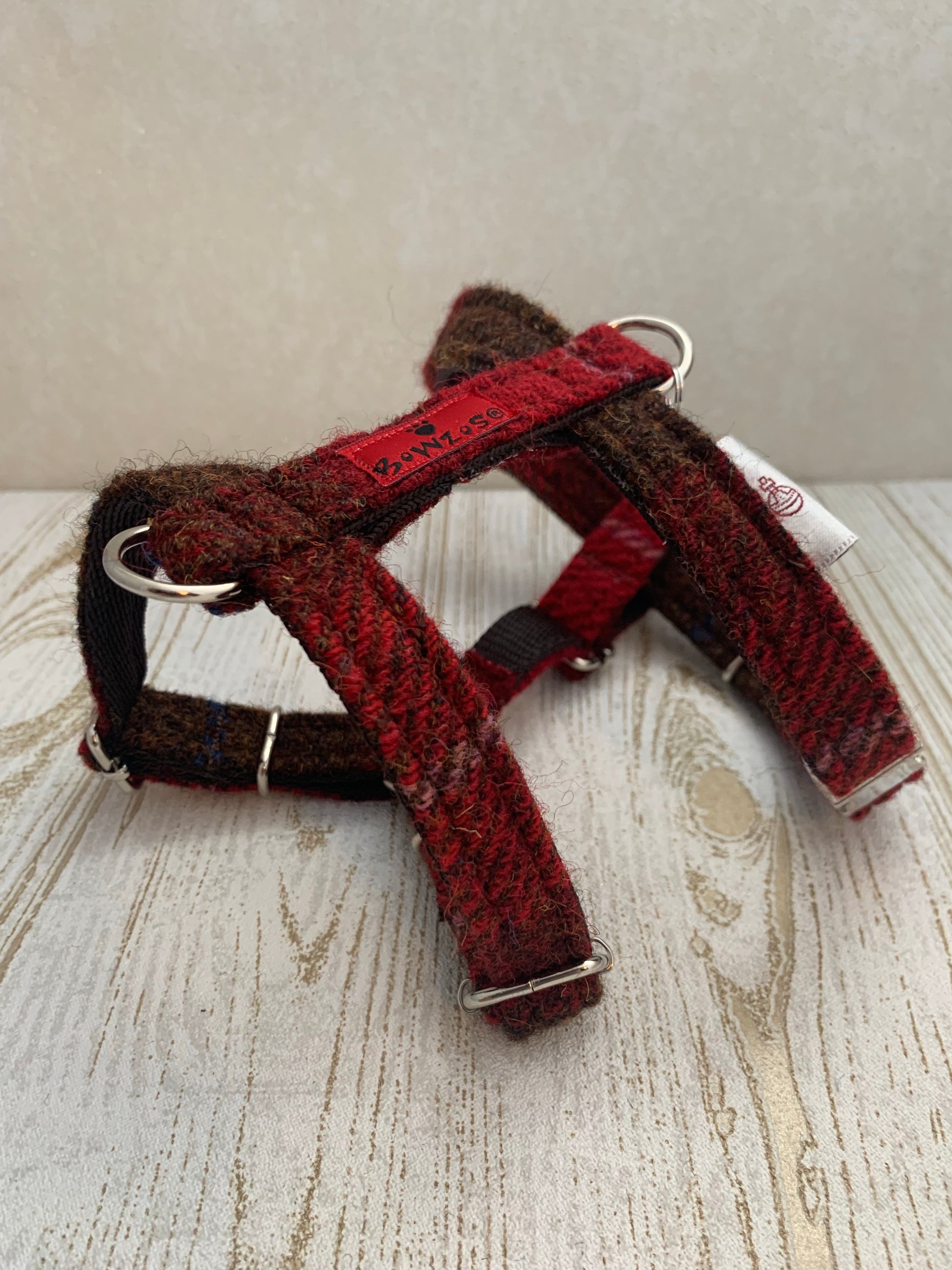 (Blair) Harris Tweed Harness - Dark Red Check - BOWZOS