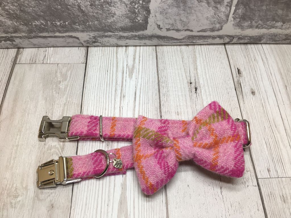 (Isla) Harris Tweed Bow Tie Dog Collar - Baby Pink Check - BOWZOS