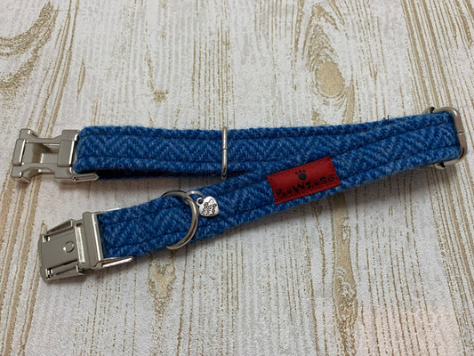 (Scarista) Harris Tweed Dog Collar - Blue Herringbone - BOWZOS