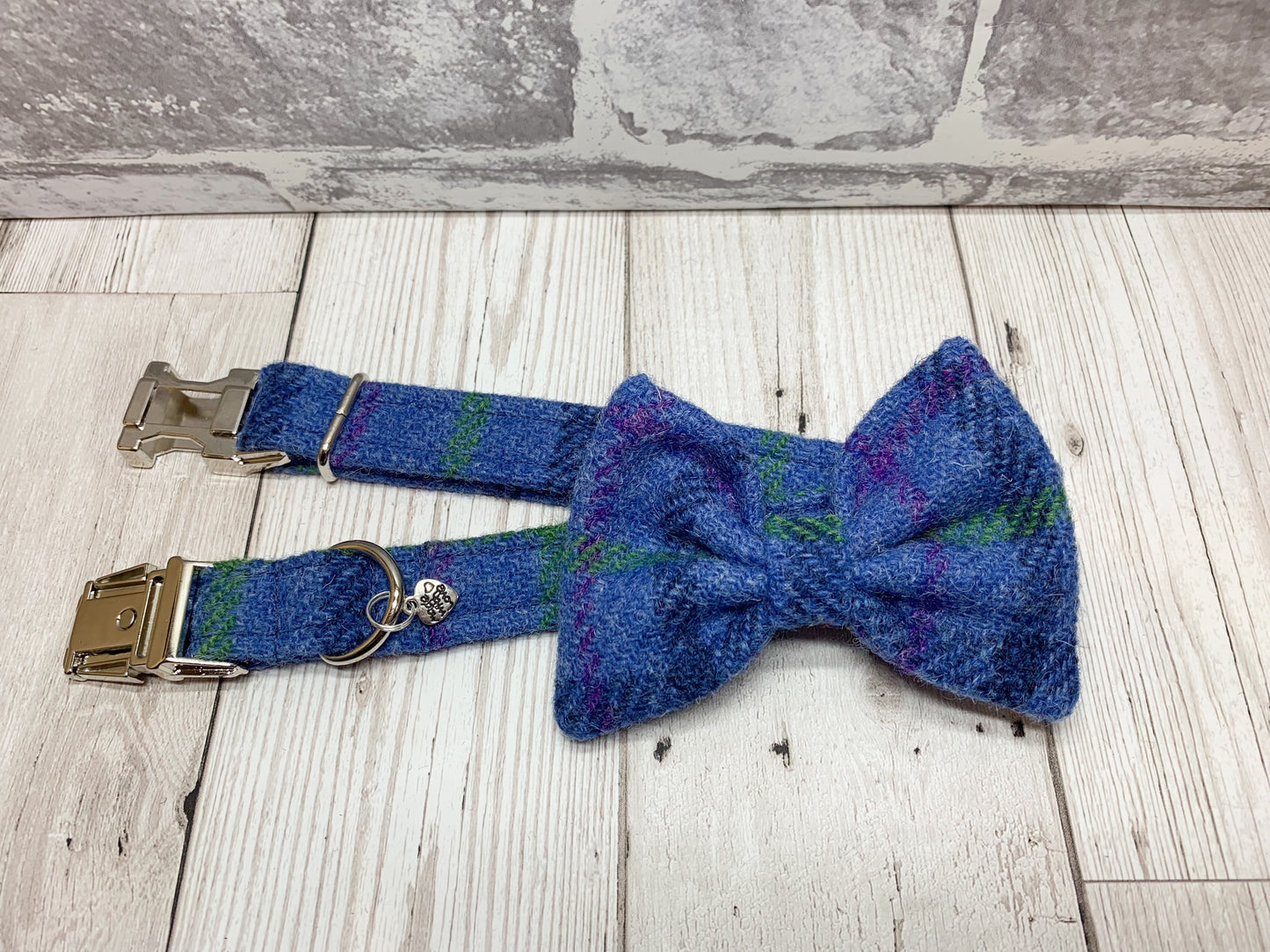 (Lewis) Harris Tweed Bow Tie Dog Collar & Lead Set - Blue Check - BOWZOS