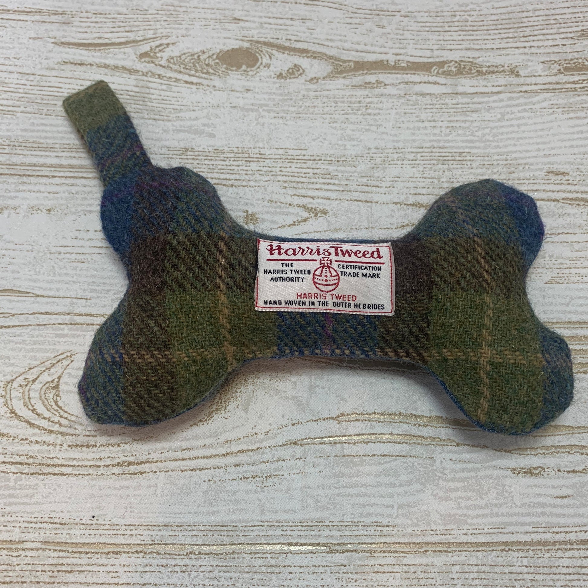 (Inveraray) Harris Tweed Squeaky Bone Toy - Khaki & Blue - BOWZOS