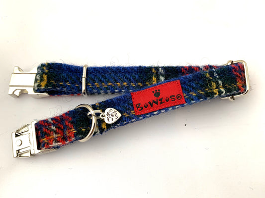 Harris Tweed Dog Collar  - Blue Stewart Tartan - BOWZOS