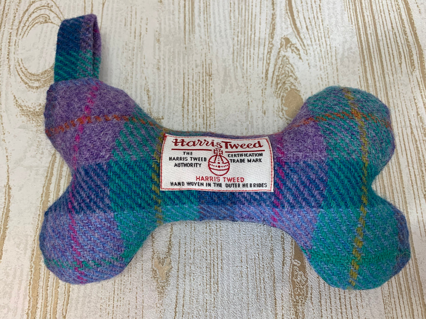 (Hebrides) Harris Tweed Squeaky Bone Toy - Jade & Purple Check - BOWZOS