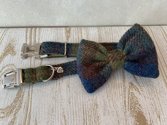 (Inverary) Harris Tweed Bow Tie Dog Collar - Khaki & Blue Check - BOWZOS
