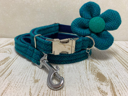 (Luskentyre) Harris Tweed Flower Dog Collar & Lead Set - Aquamarine Herringbone - BOWZOS
