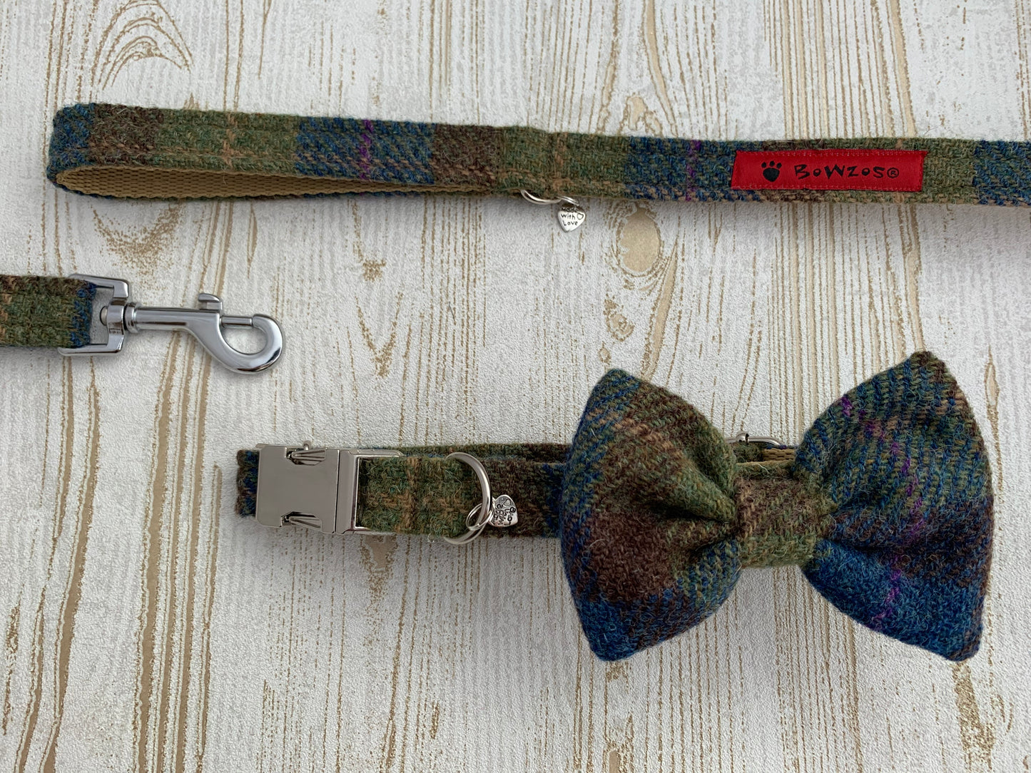 (Inverary) Harris Tweed Dog Lead - Khaki & Blue Check - BOWZOS