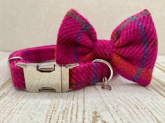 (Iona) Harris Tweed Bow Tie Dog Collar & Lead Set - Cerise Pink Check - BOWZOS