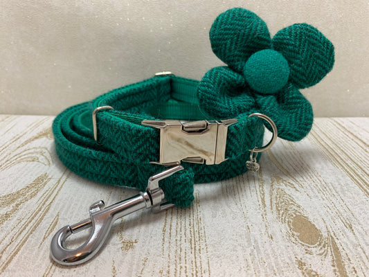 (Horgabost) Harris Tweed Flower Dog Collar & Lead Set - Green Herringbone - BOWZOS