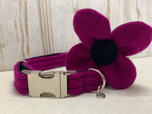 Harris Tweed Flower Dog Collar - Fuchsia - BOWZOS