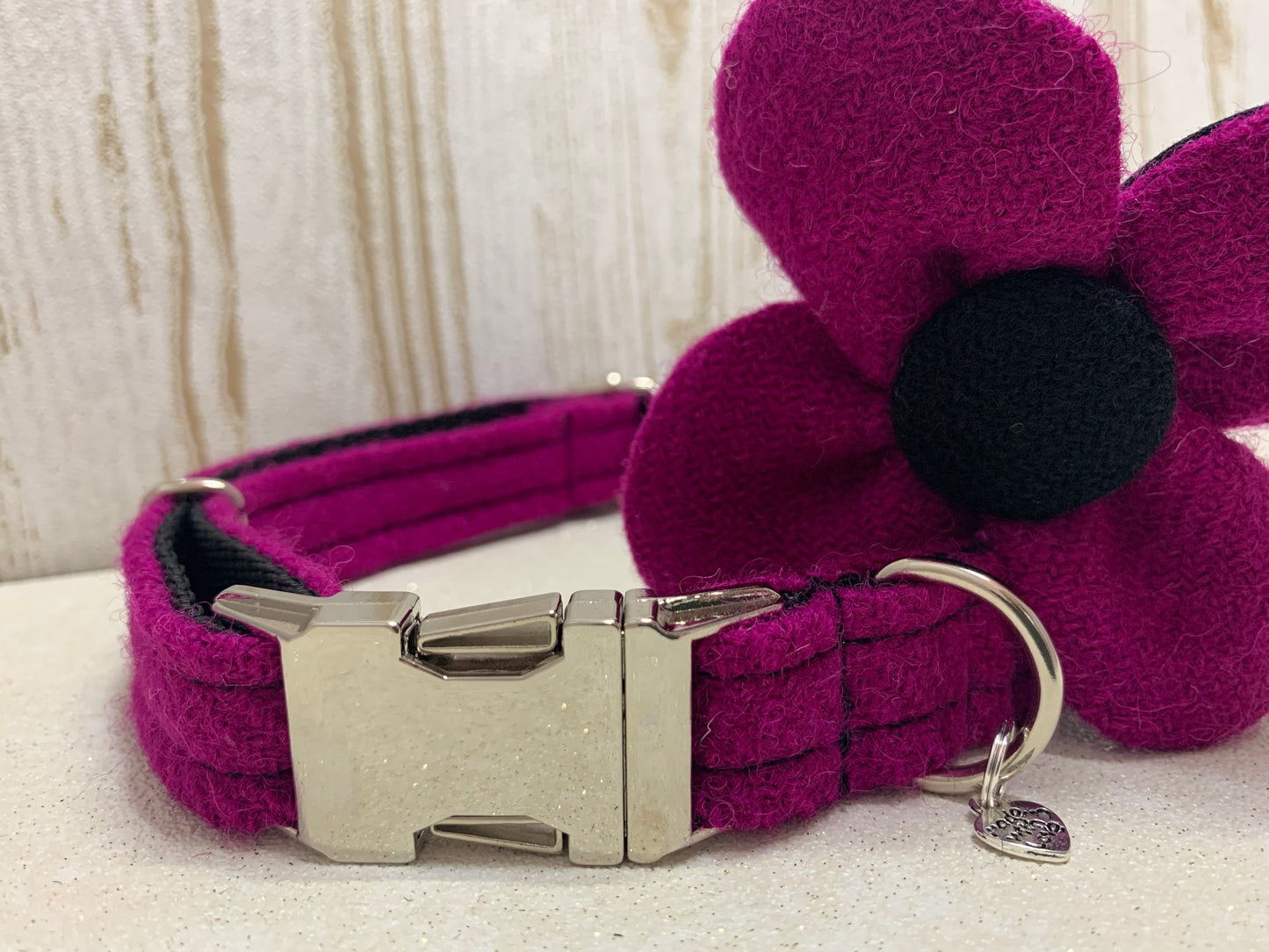 Harris Tweed Flower Dog Collar - Fuchsia - BOWZOS