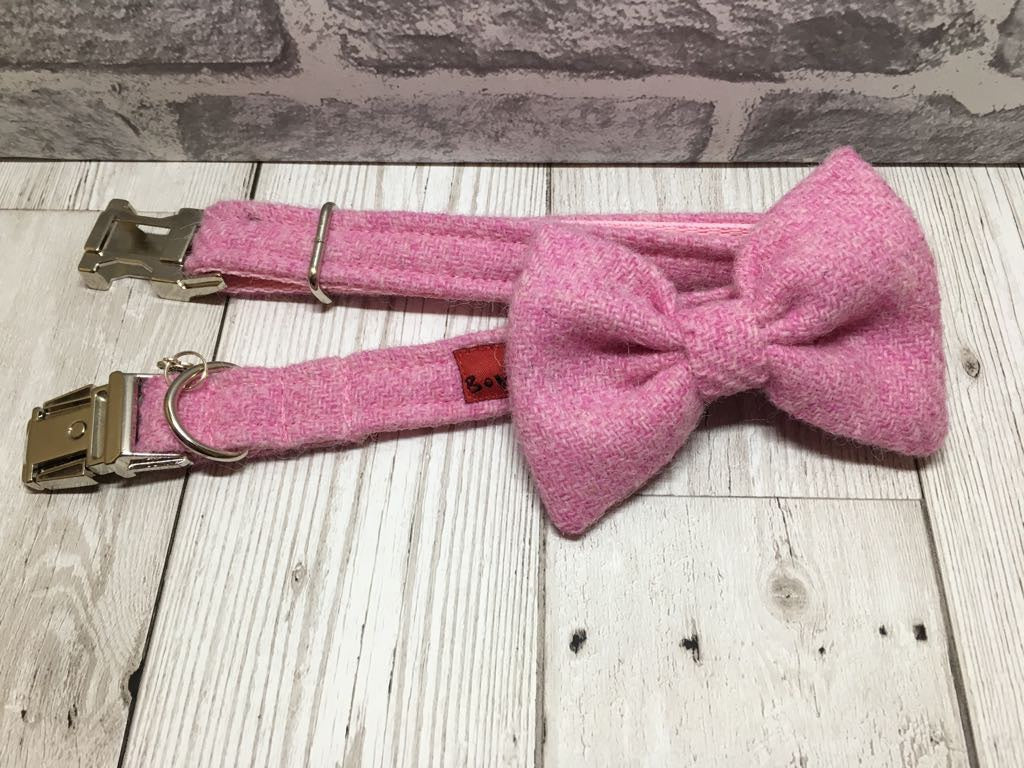 (Rose) Harris Tweed Bow Tie Dog Collar - Rose Pink - BOWZOS