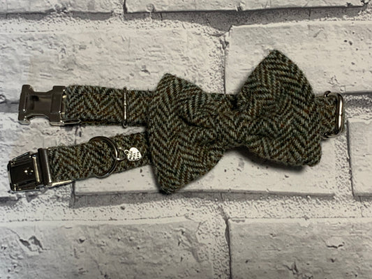 (Beige Herringbone) Harris Tweed® Bow Tie Dog Collar - Beige