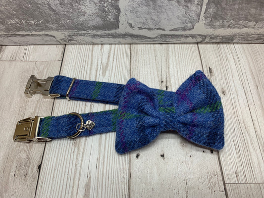 (Lewis) Harris Tweed Bow Tie Dog Collar - Blue Check - BOWZOS