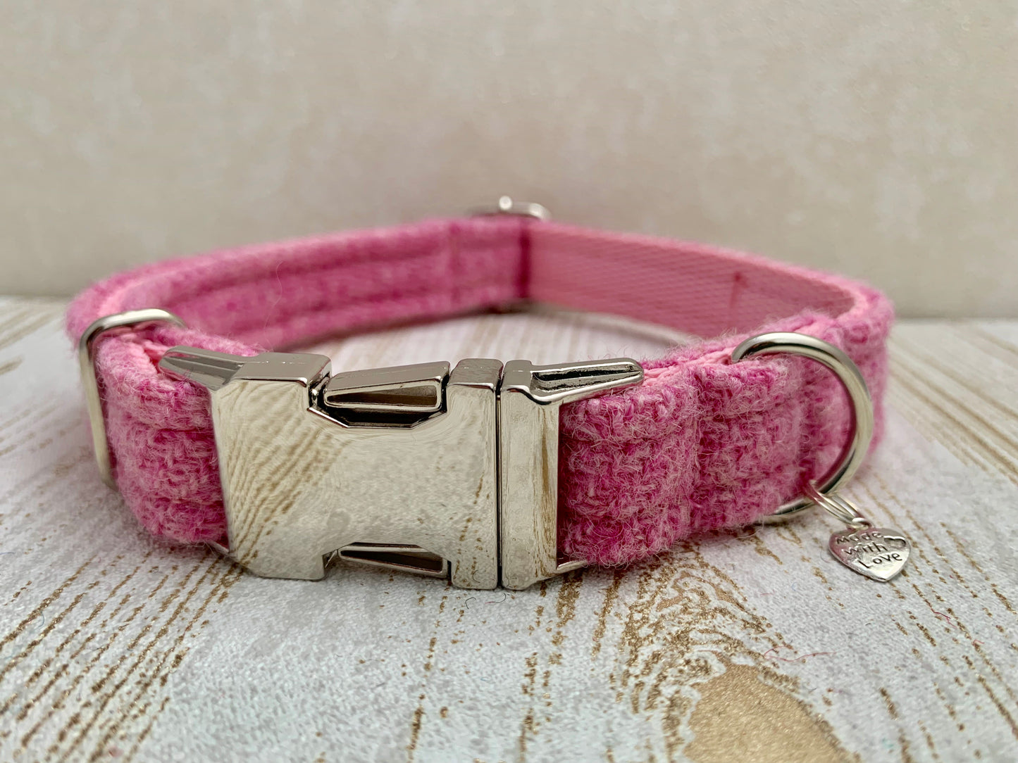 (Rose) Harris Tweed Dog Collar - Baby Pink - BOWZOS