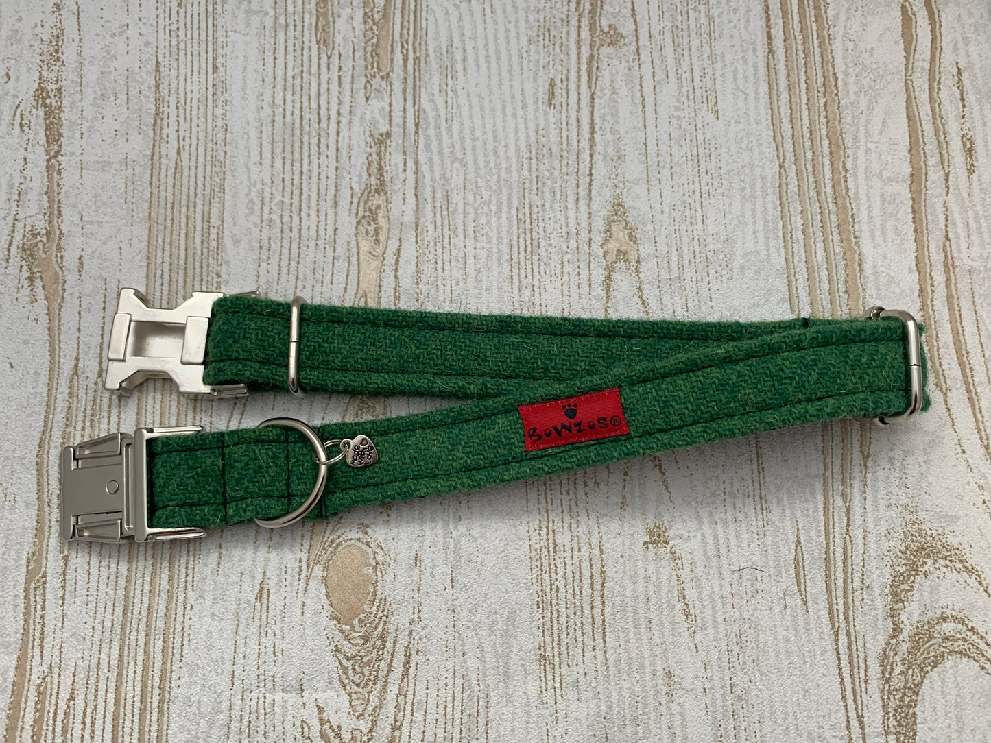 (Evergreen) Harris Tweed Dog Collar  -  Green - BOWZOS