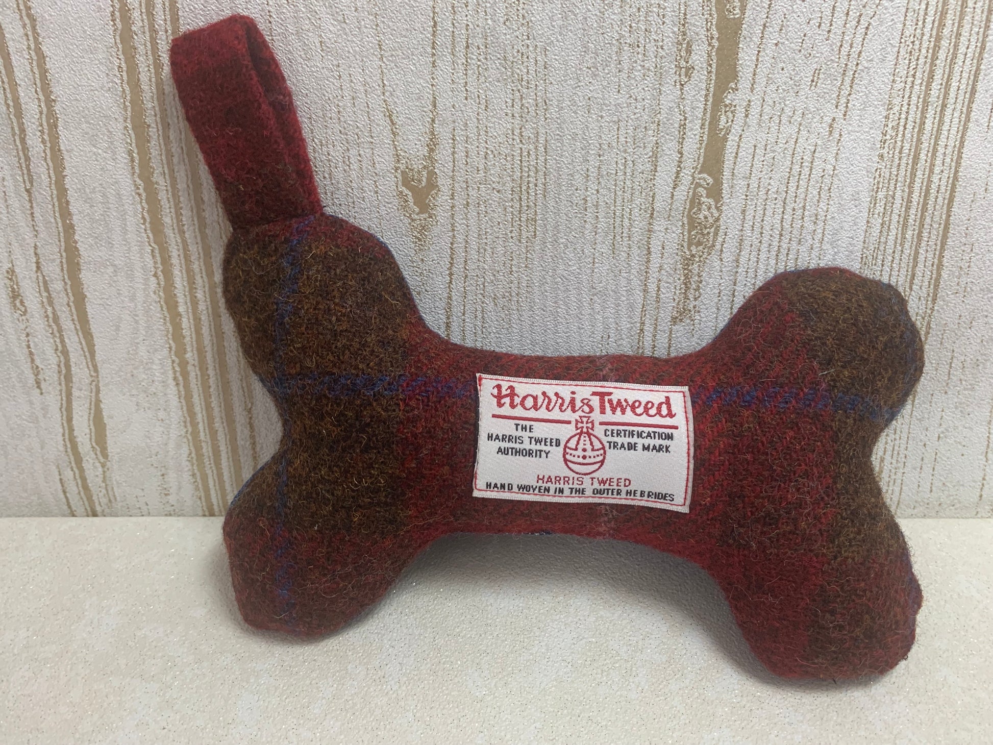 (Blair) Bowzos Harris Tweed Squeaky Bone Toy - Dark Red - BOWZOS