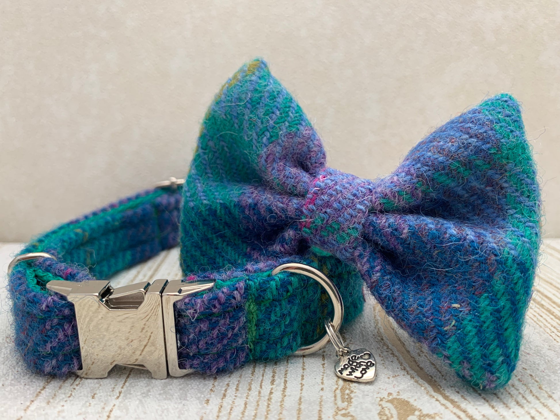 (Hebrides) Harris Tweed Bow Tie Dog Collar - Purple & Jade Check - BOWZOS