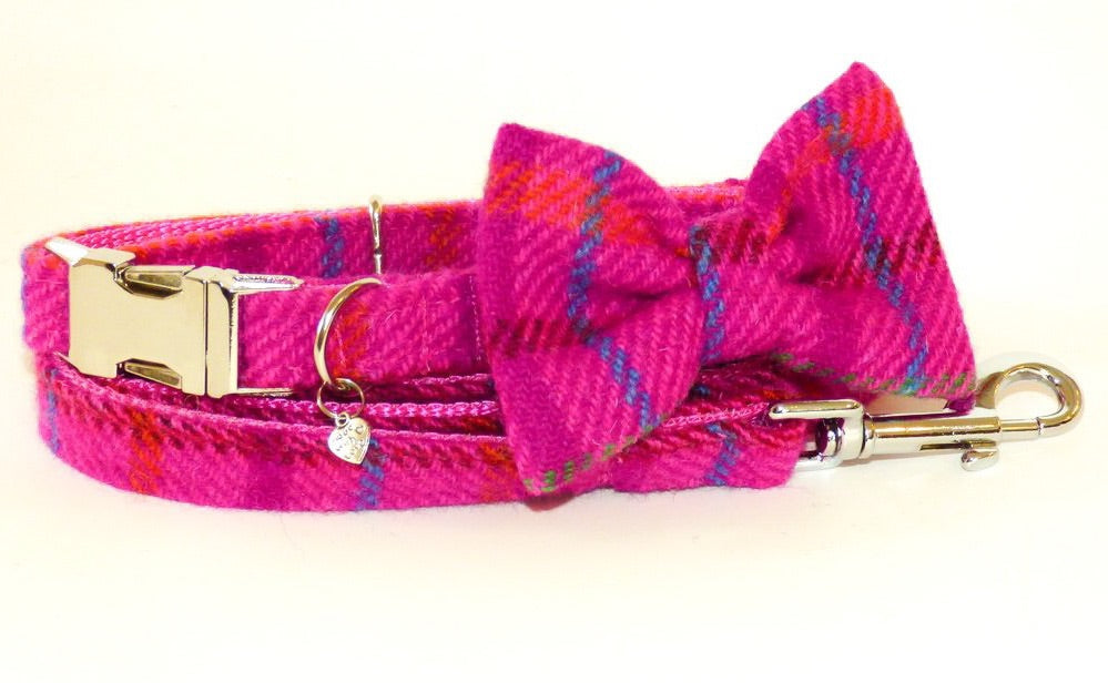 (Iona) Harris Tweed Bow Tie Dog Collar & Lead Set - Cerise Pink Check - BOWZOS