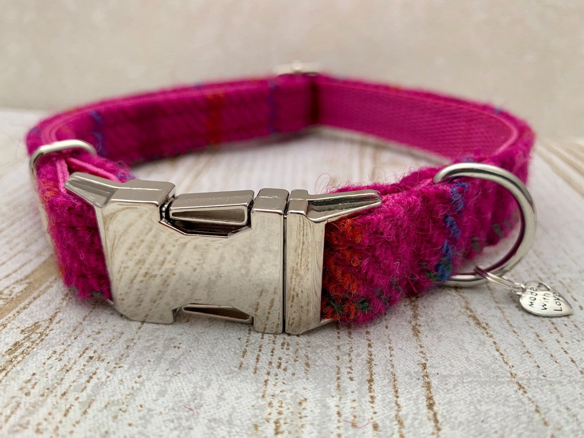 (Iona) Harris Tweed Dog Collar  - Cerise Pink Check - BOWZOS