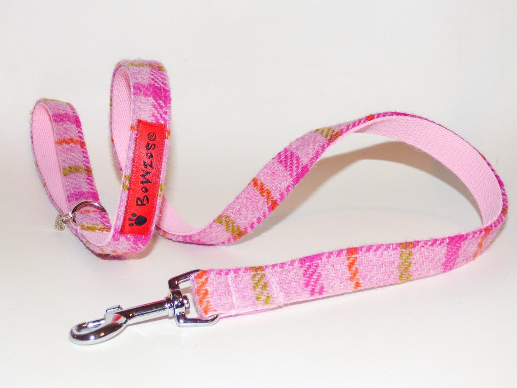 (Isla) Harris Tweed Dog Lead - Baby Pink Check - BOWZOS