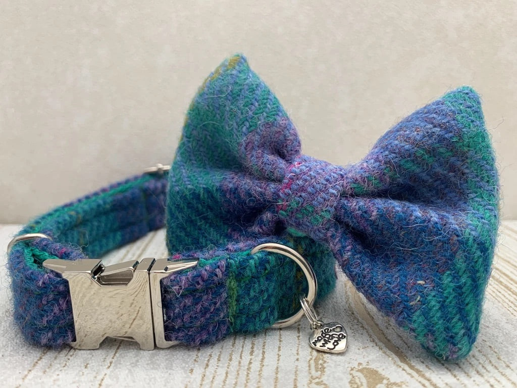 (Hebrides) Harris Tweed® Bow Tie Dog Collar & Lead Set - Jade & Purple Check