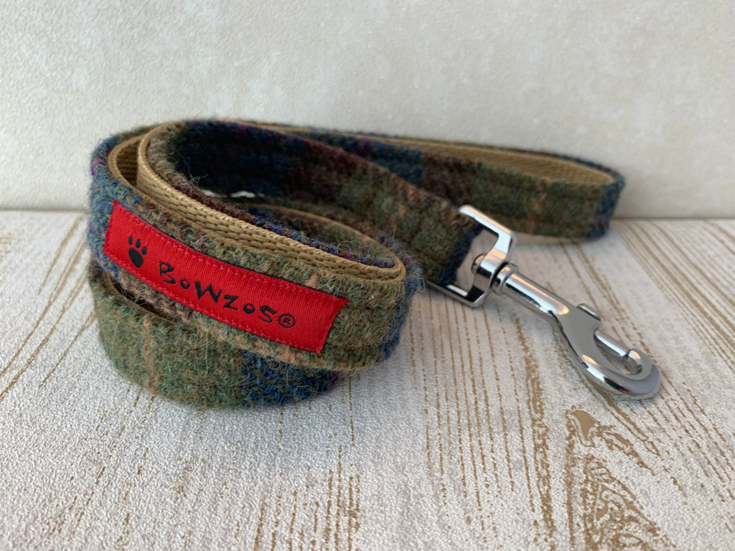 (Inverary) Harris Tweed Dog Lead - Khaki & Blue Check - BOWZOS