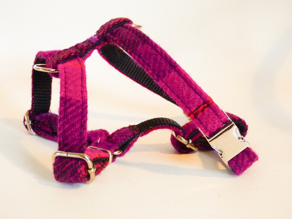(Mull) Harris Tweed Harness - Fuschia Purple Check - BOWZOS